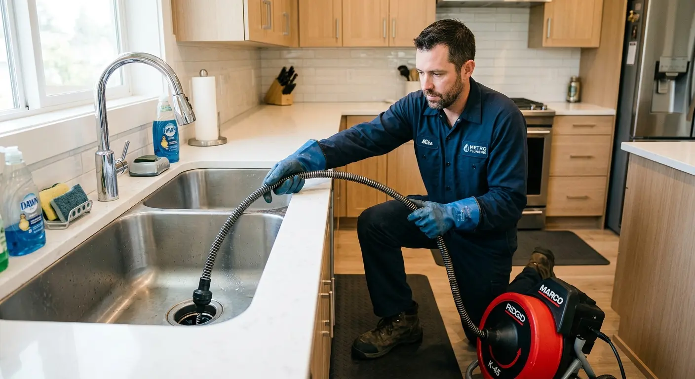 Drain cleaning technician using a motorized snake on a kitchen sink in Upper Macungie