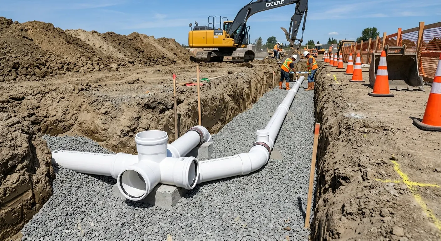 New PVC sewer pipe installation in open trench for Sewer Backup in Upper Macungie