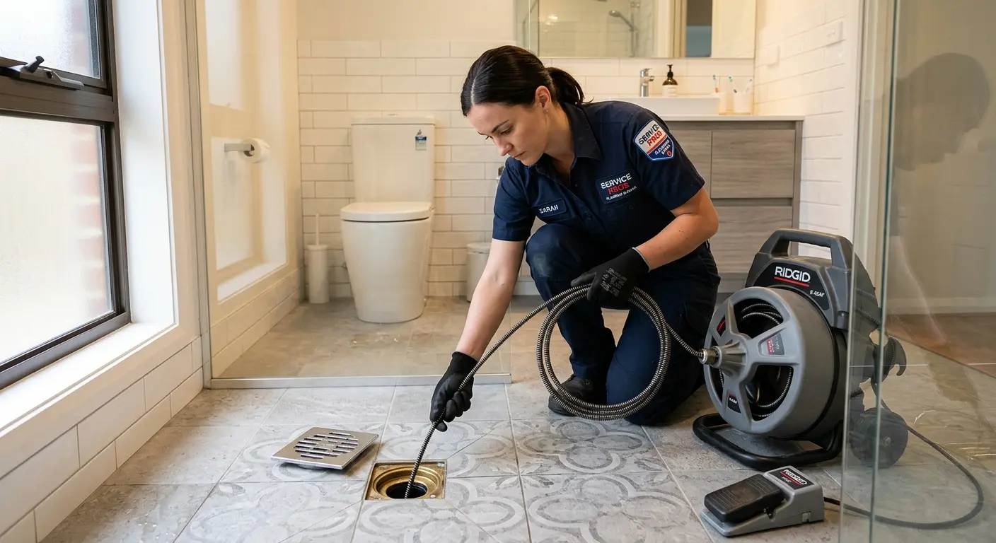 Technician clearing a bathroom floor drain for Drain Cleaning in Upper Macungie